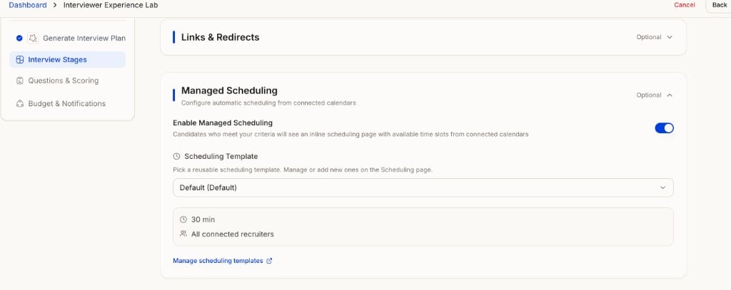 Managed Scheduling section in agent creation with the enable toggle and scheduling template picker