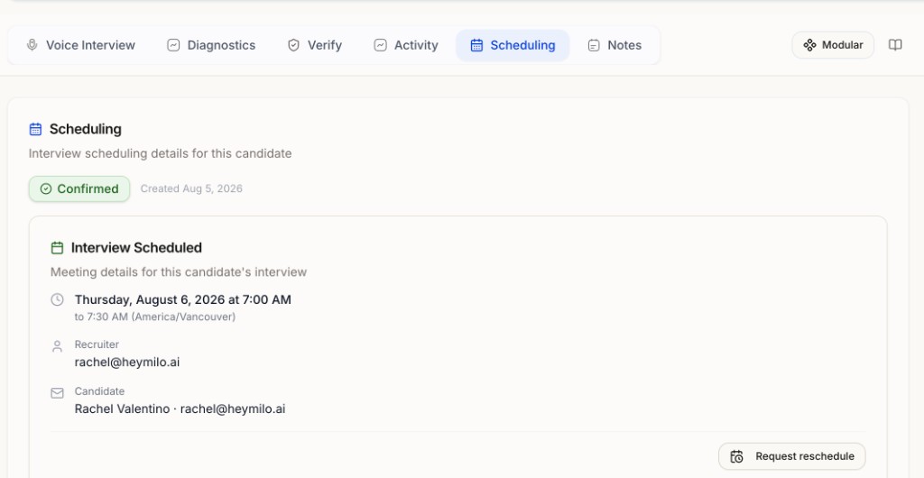 Scheduling tab on a candidate profile showing a confirmed booking with meeting details and Request reschedule