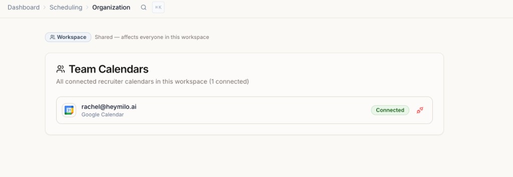 Team Calendars page listing all connected recruiter calendars in the workspace