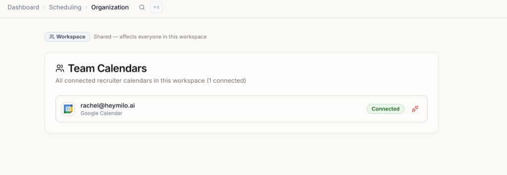 Team Calendars page listing all connected recruiter calendars in the workspace