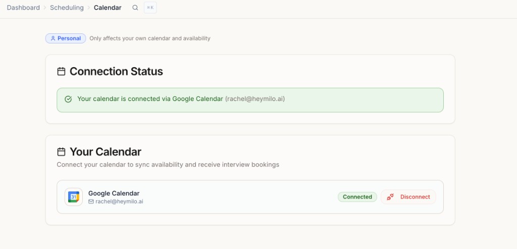 Scheduling Calendar page showing connection status and a connected Google Calendar