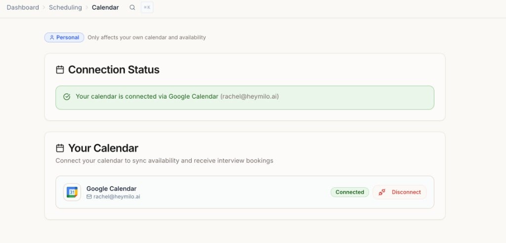 Scheduling Calendar page showing connection status and a connected Google Calendar