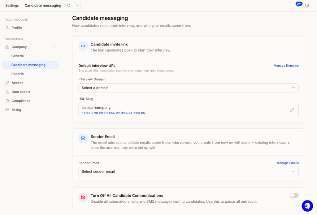 Candidate messaging settings showing invite link, sender email, and outreach toggle