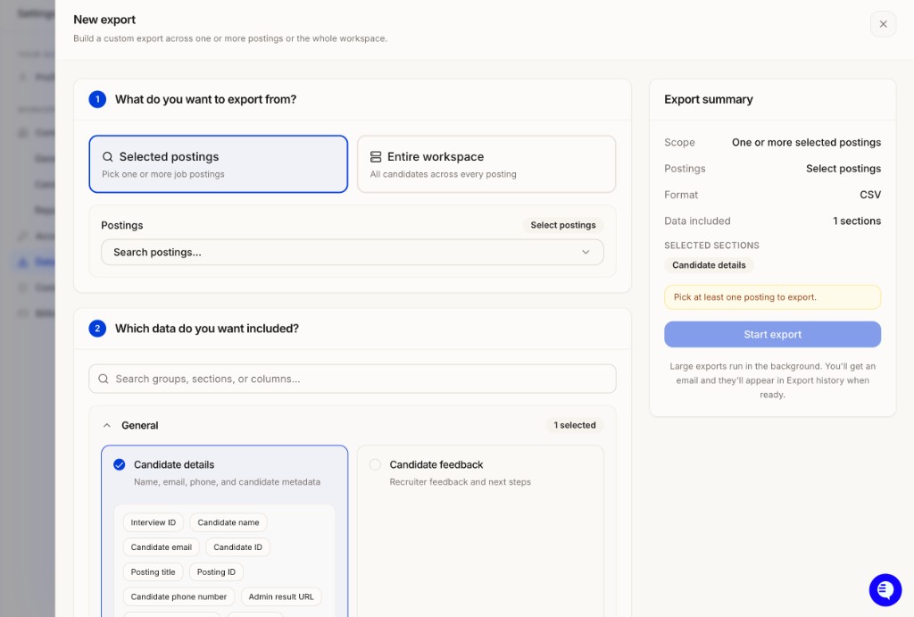 New export builder with Selected postings or Entire workspace, a searchable list of data sections, and an Export summary panel with Start export