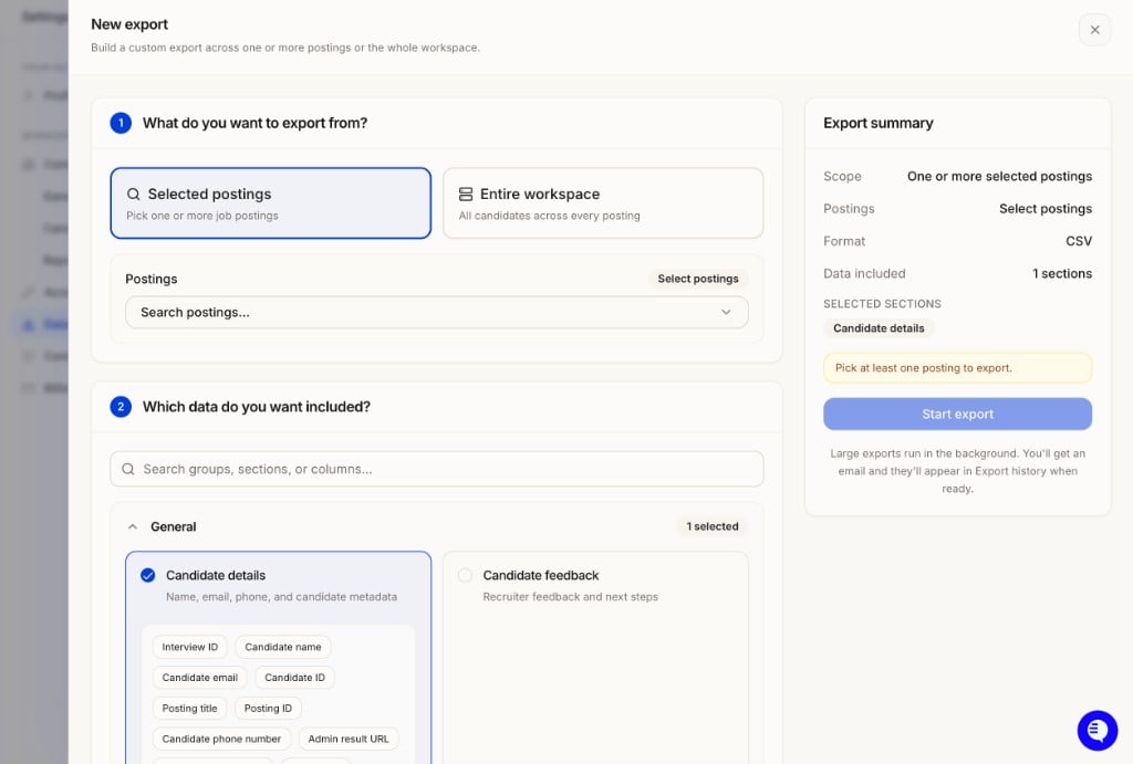 New export builder with Selected postings or Entire workspace, a searchable list of data sections, and an Export summary panel with Start export