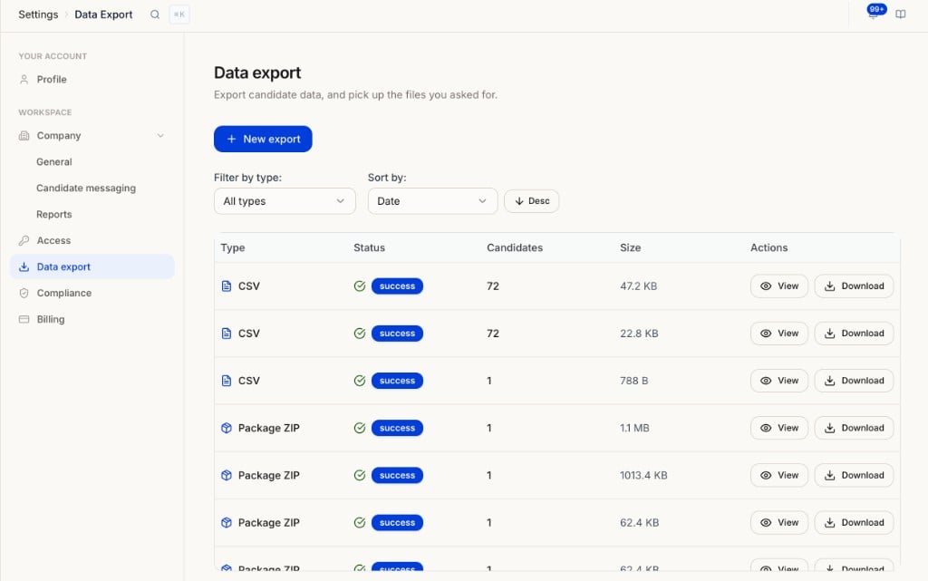 Data export page showing the New export button, filter and sort controls, and a table of past exports with type, status, candidate count, size, and View or Download actions