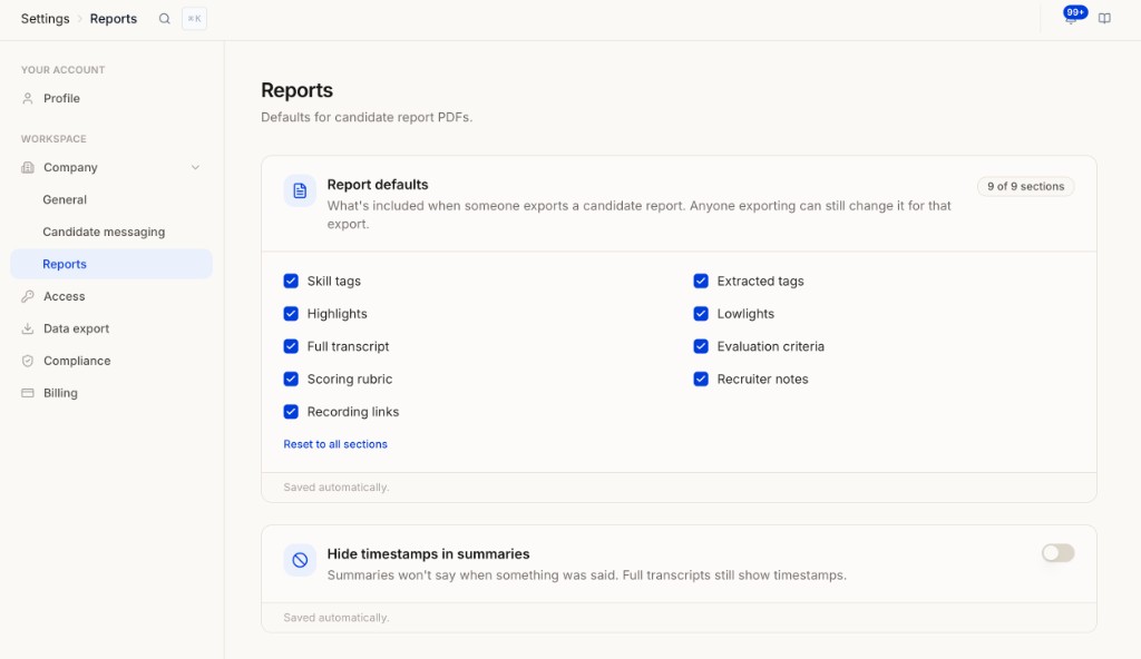 Reports settings showing PDF section defaults and timestamp toggle