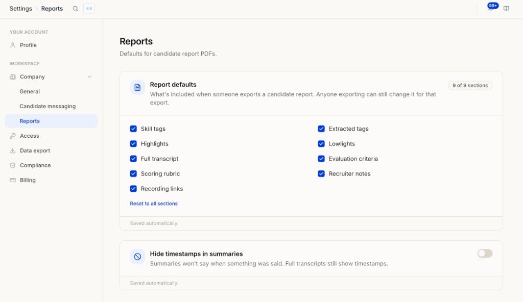 Reports settings showing PDF section defaults and timestamp toggle