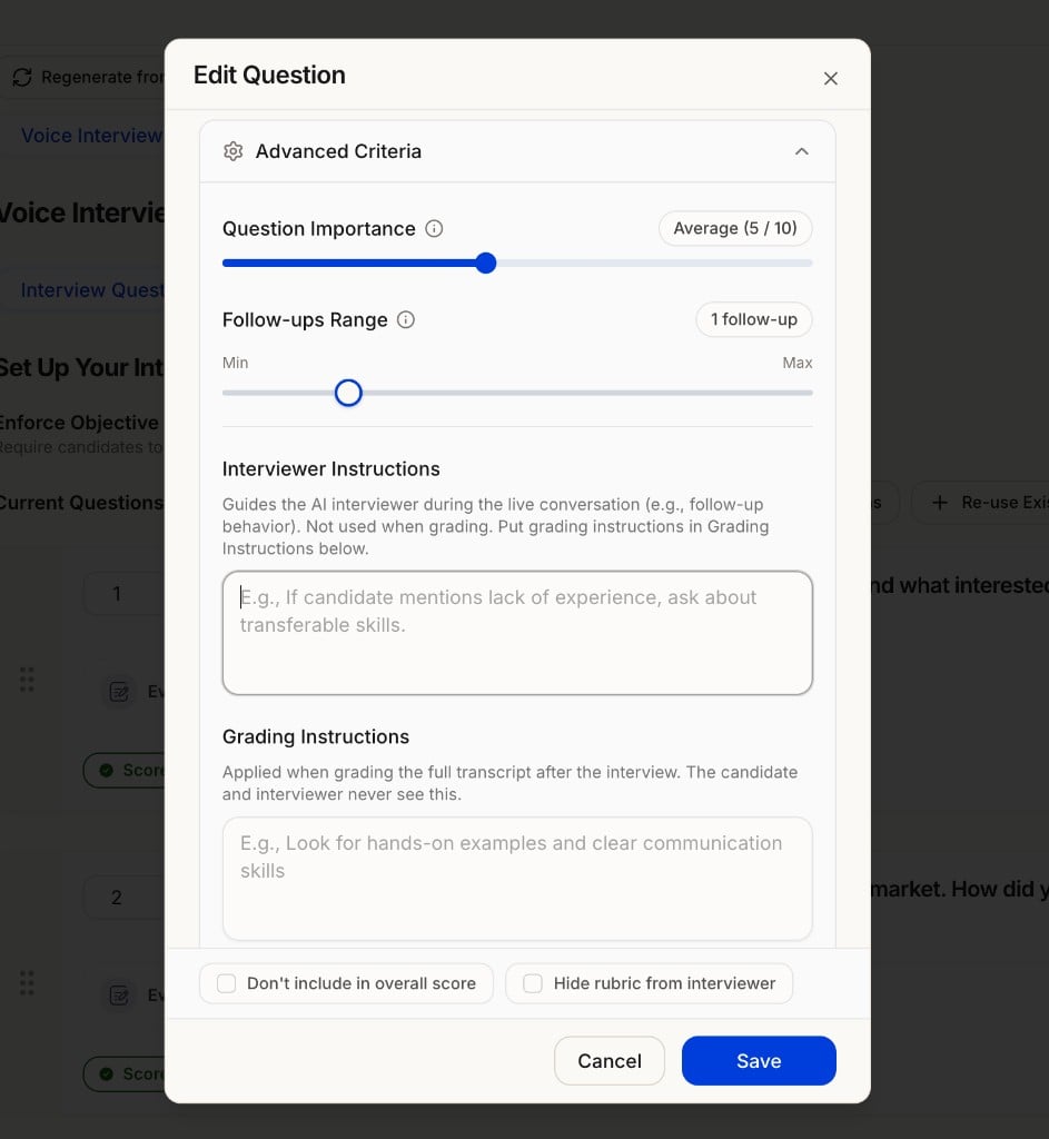 Edit Question modal with the Follow-ups Range slider and Interviewer Instructions field under Advanced Criteria