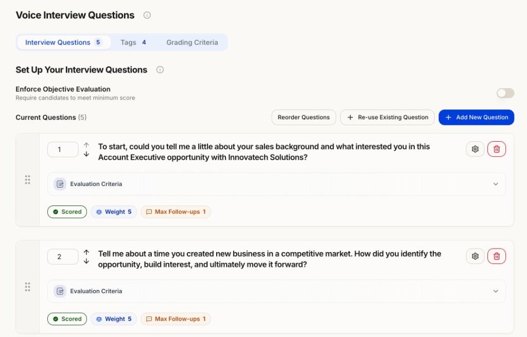Set Up Your Interview Questions with Enforce Objective Evaluation toggle and question cards showing the Max Follow-ups badge