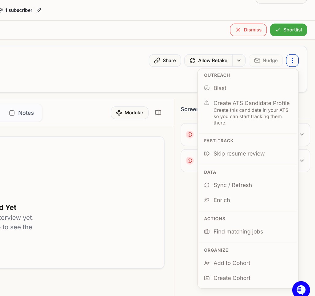 Candidate profile overflow menu showing Fast-track Skip resume review, Outreach, Data, Actions, and Organize