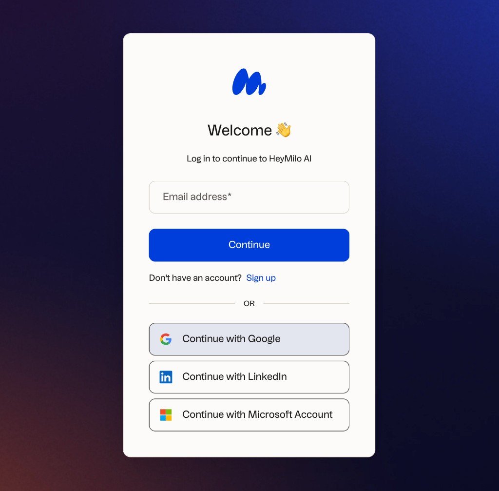 HeyMilo login page with Sign up link for new accounts