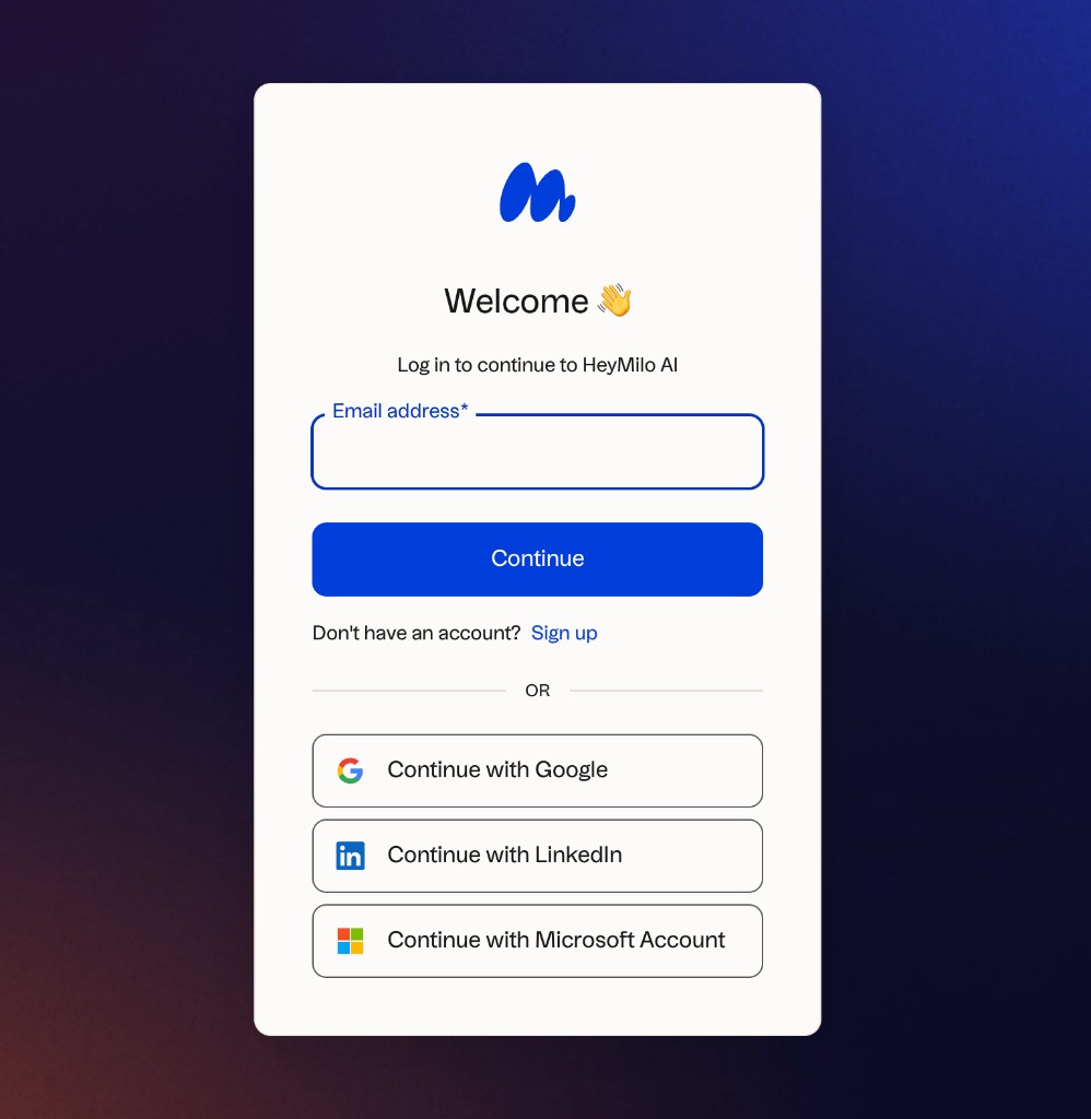 HeyMilo login page with email, Continue, and Google, LinkedIn, or Microsoft sign-in