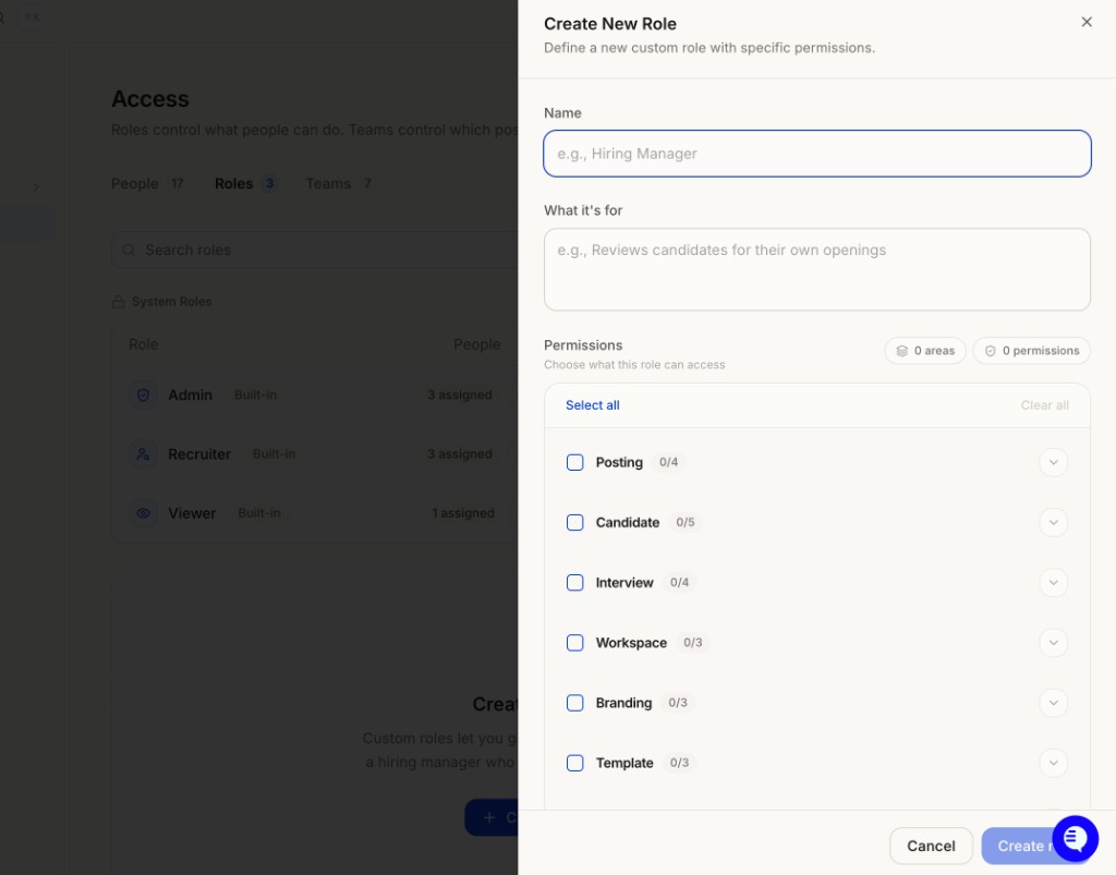 Create New Role panel with Name, What it's for, and a Permissions list grouped by Posting, Candidate, Interview, Workspace, Branding, and Template