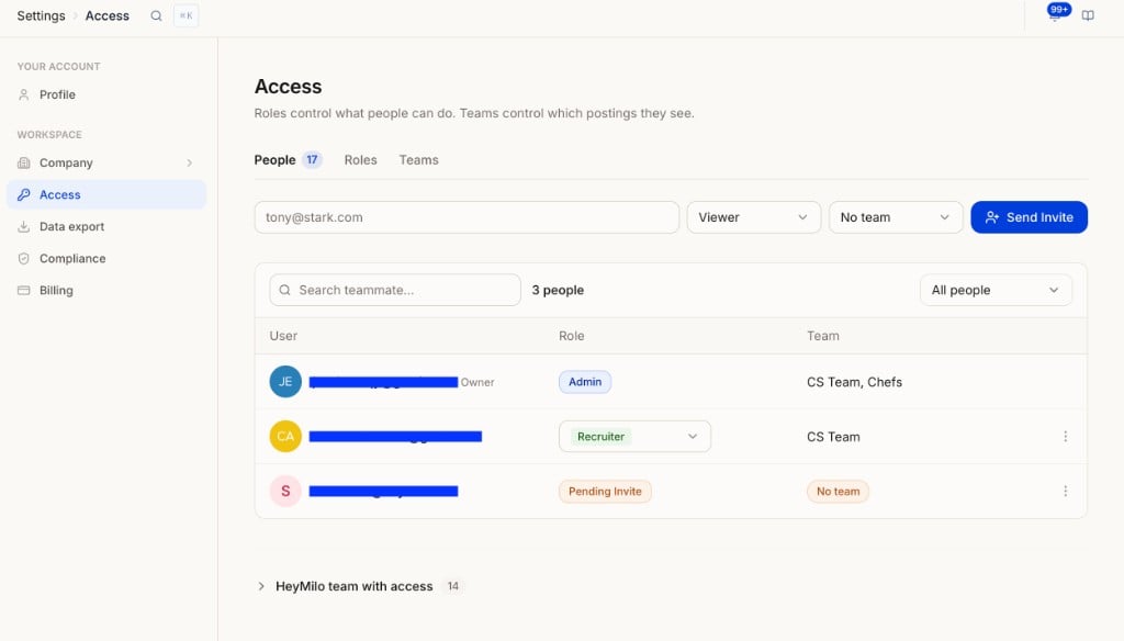 Access page on the People tab showing the invite form, member list with User, Role, and Team columns, and the HeyMilo team with access section