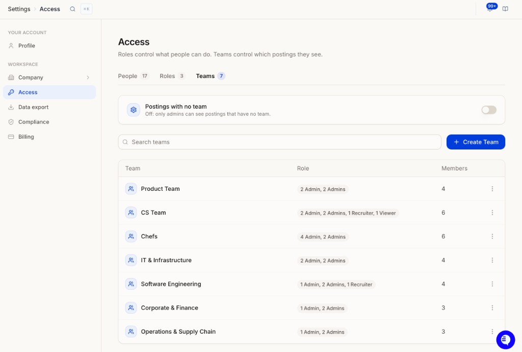 Teams tab showing the Postings with no team toggle, search, Create Team button, and a table of teams with role breakdown and member counts