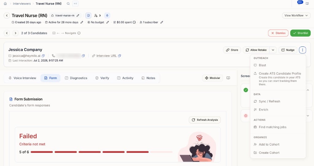 Candidate profile with Dismiss and Shortlist buttons, Share Allow Retake and Nudge on the card, and the overflow menu grouped by Outreach Data Actions and Organize