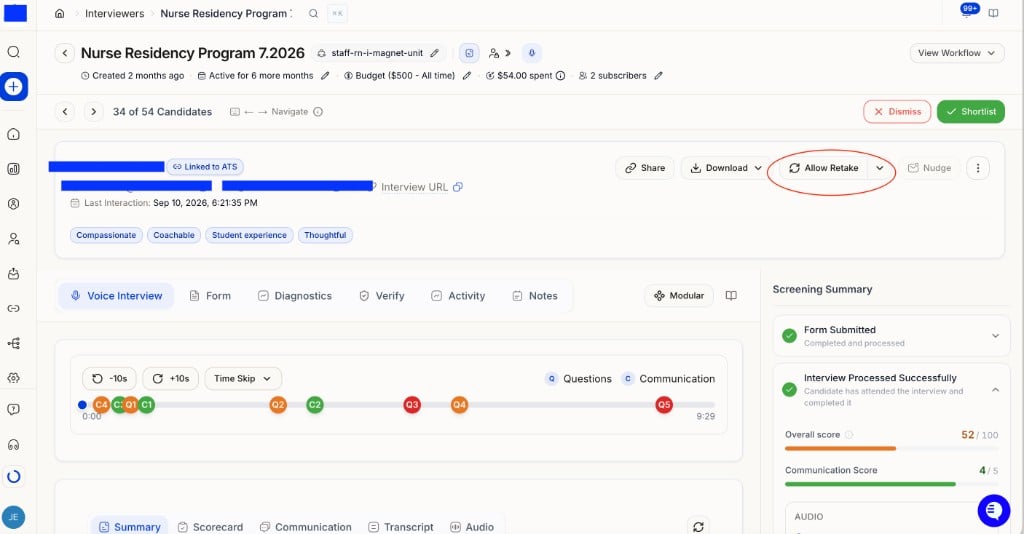Candidate profile header showing Share, Download, Allow Retake, and Nudge