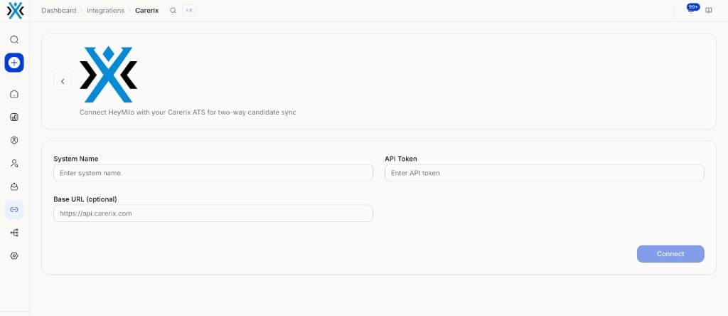 Carerix connection page in HeyMilo with System Name, API Token, and optional Base URL fields