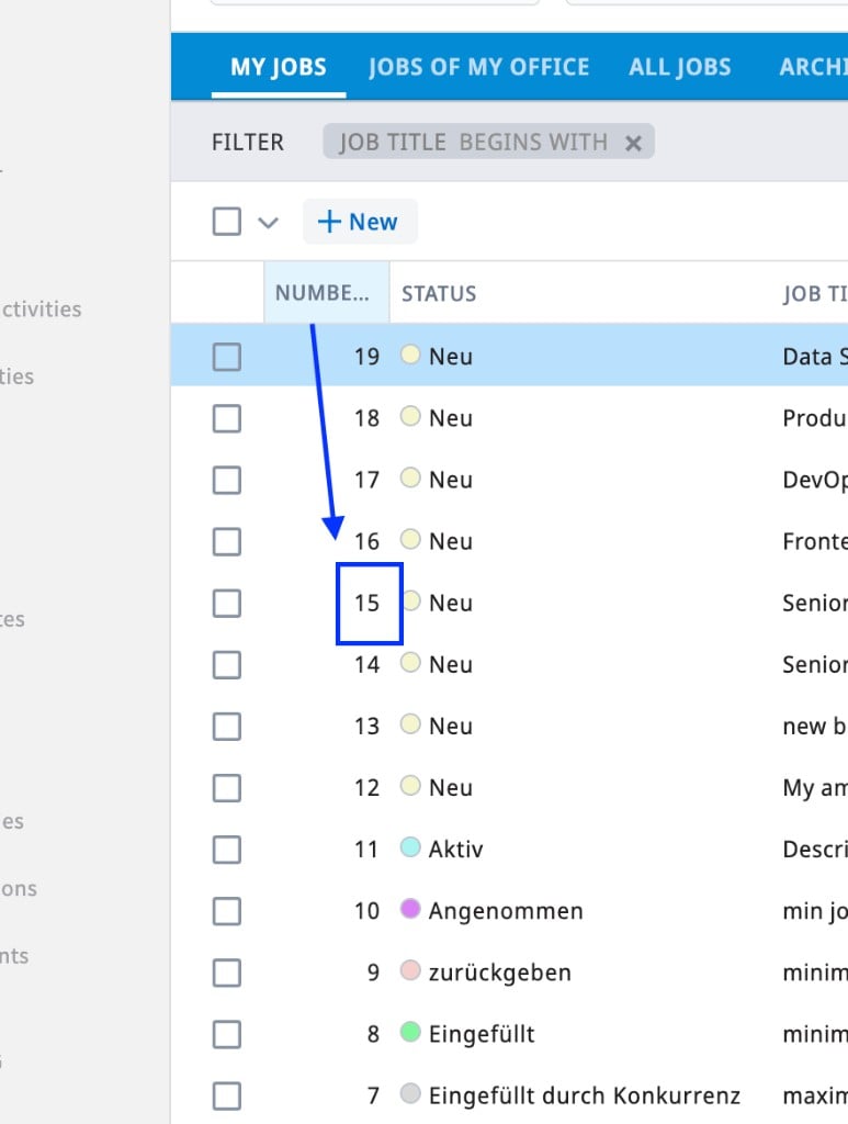 Carerix jobs list with the job number highlighted