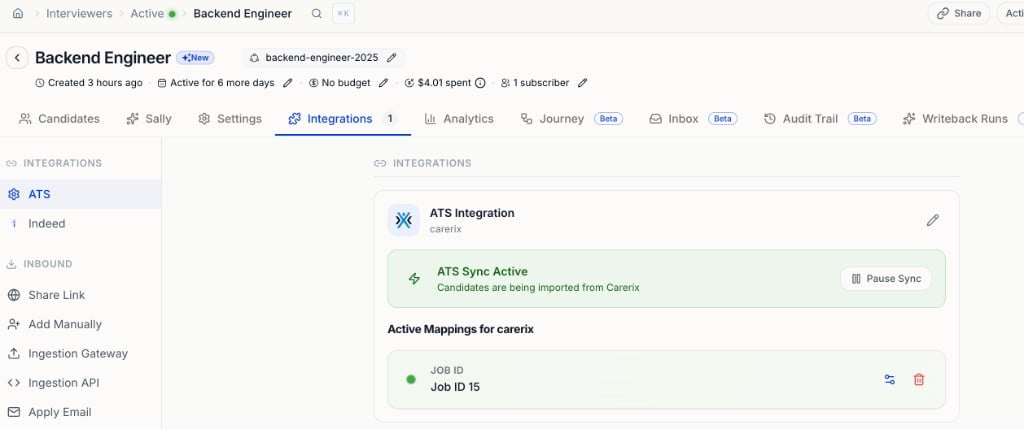 Agent Integrations tab showing an active Carerix ATS sync with a Job ID mapping