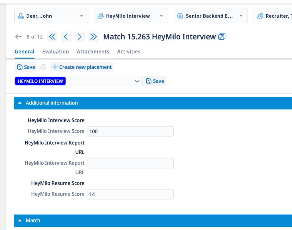 Carerix candidate match record showing HeyMilo Interview Score and Resume Score under Additional Information