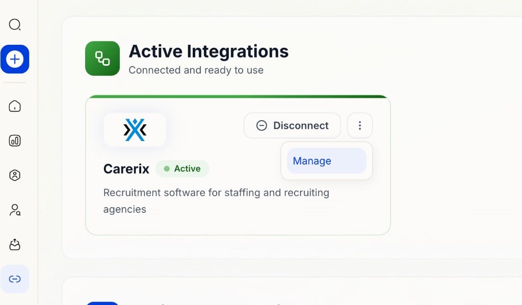 Active Integrations showing the Carerix card with the Manage option open