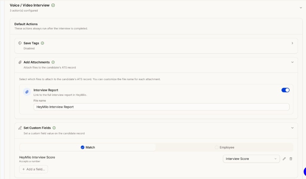 Writeback actions for Voice/Video Interview, including attachments and custom fields like Interview Score