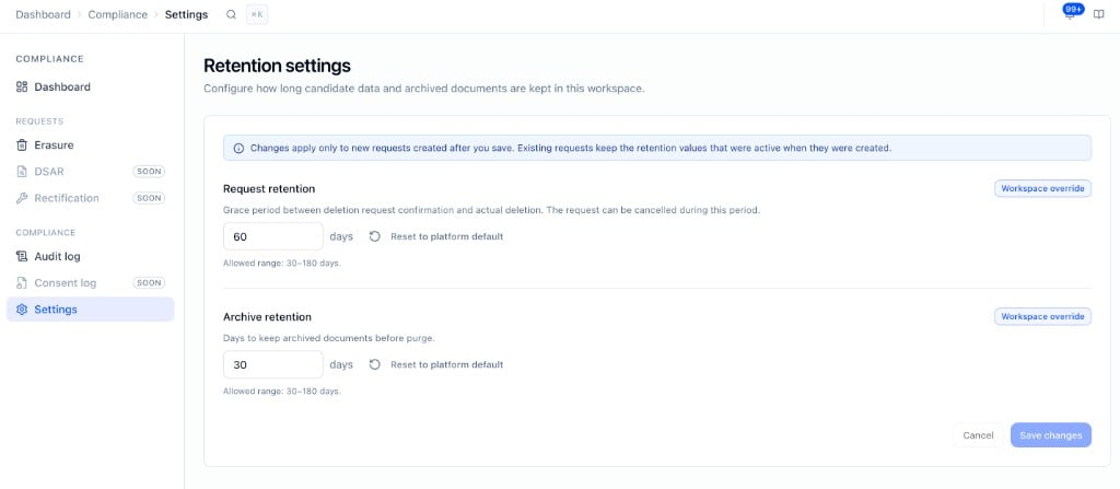 Compliance retention settings