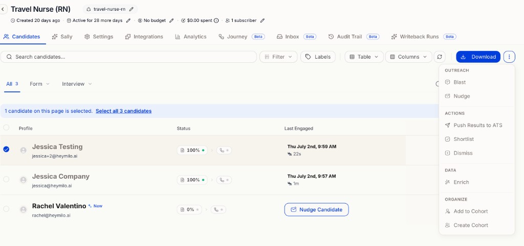 Candidate list with one row selected, Download button, and Actions menu grouped by Outreach Actions Data and Organize