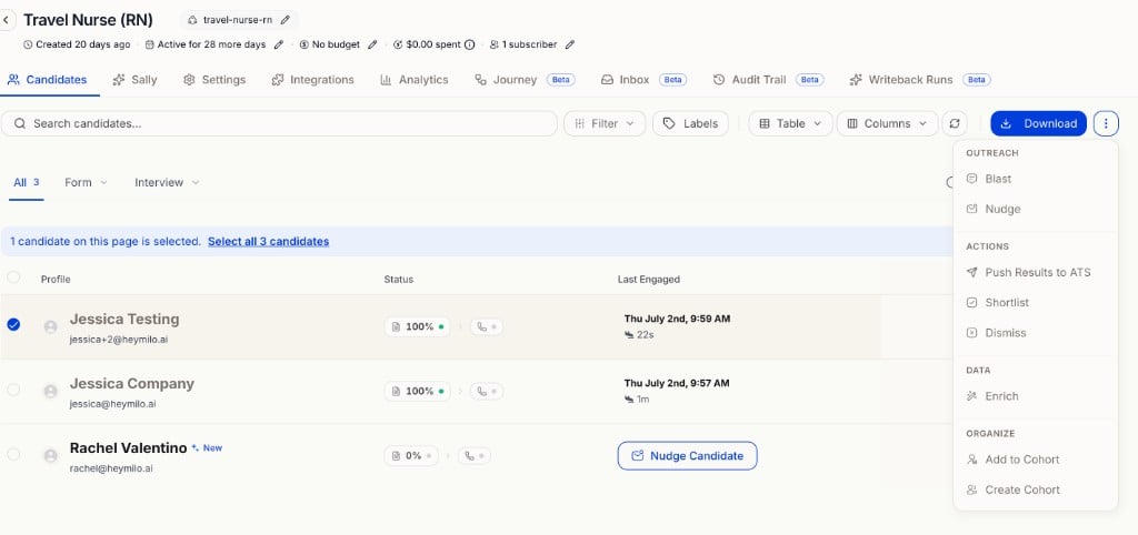Candidate list with one row selected, Download button, and Actions menu grouped by Outreach Actions Data and Organize