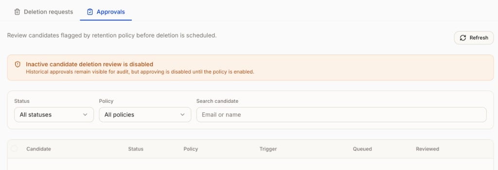 Approvals tab showing inactive candidate deletion review disabled
