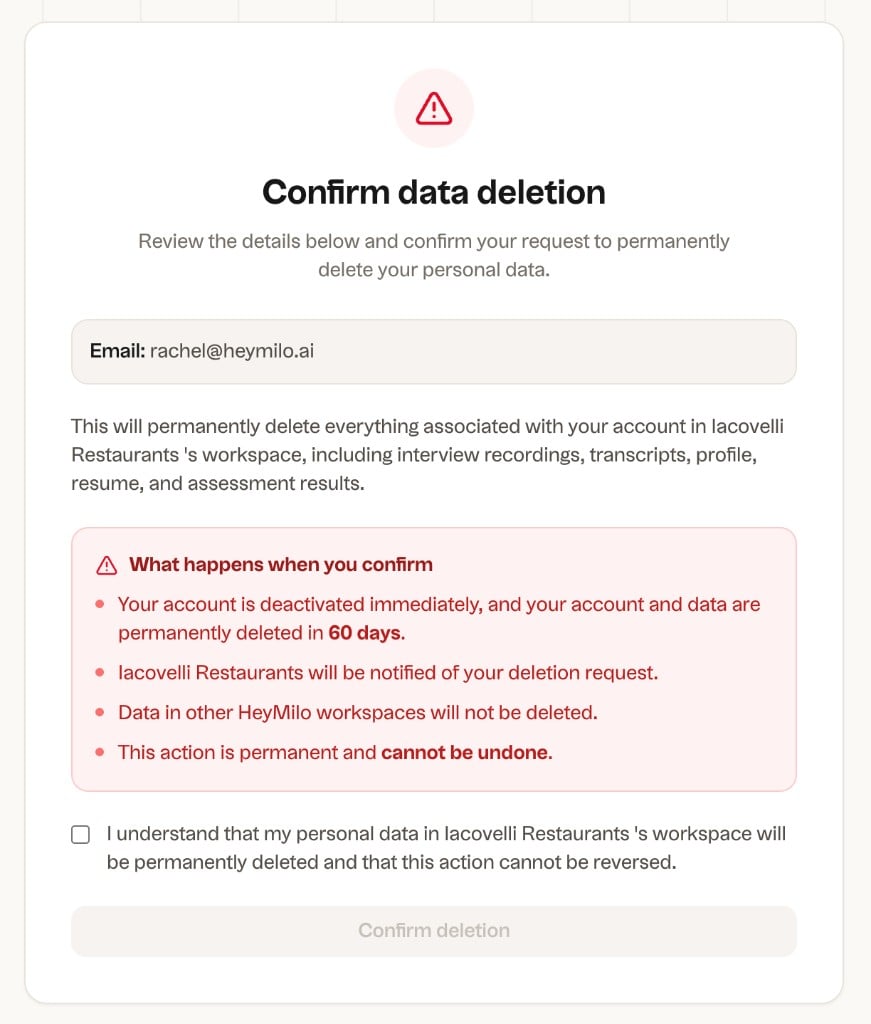 Confirm data deletion page