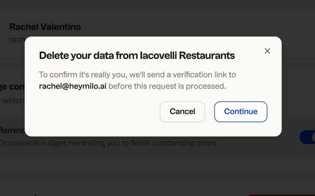 Delete your data confirmation modal