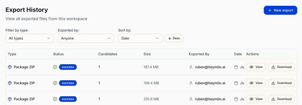 Export History page