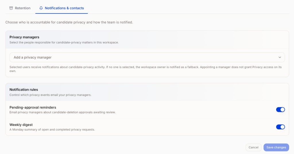 Notifications and contacts settings