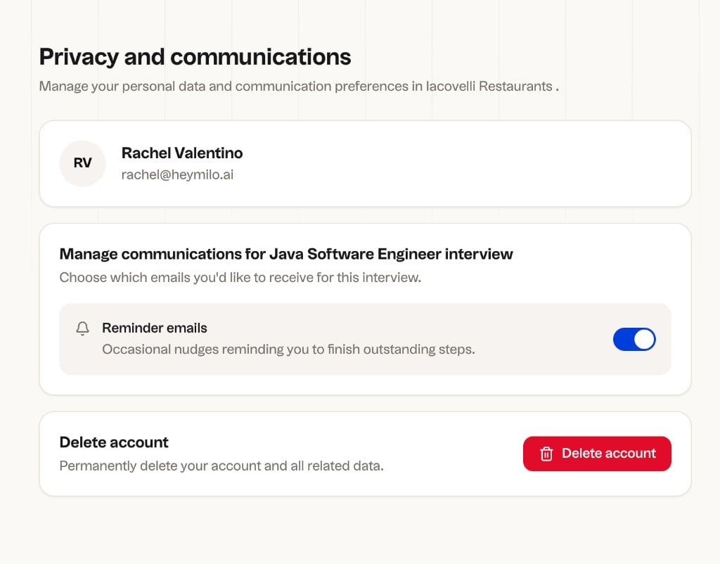 Privacy and communications page showing Delete account option