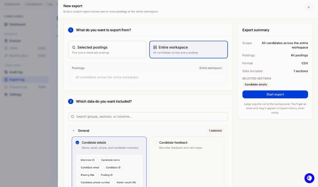 New export modal showing Entire workspace option and section picker