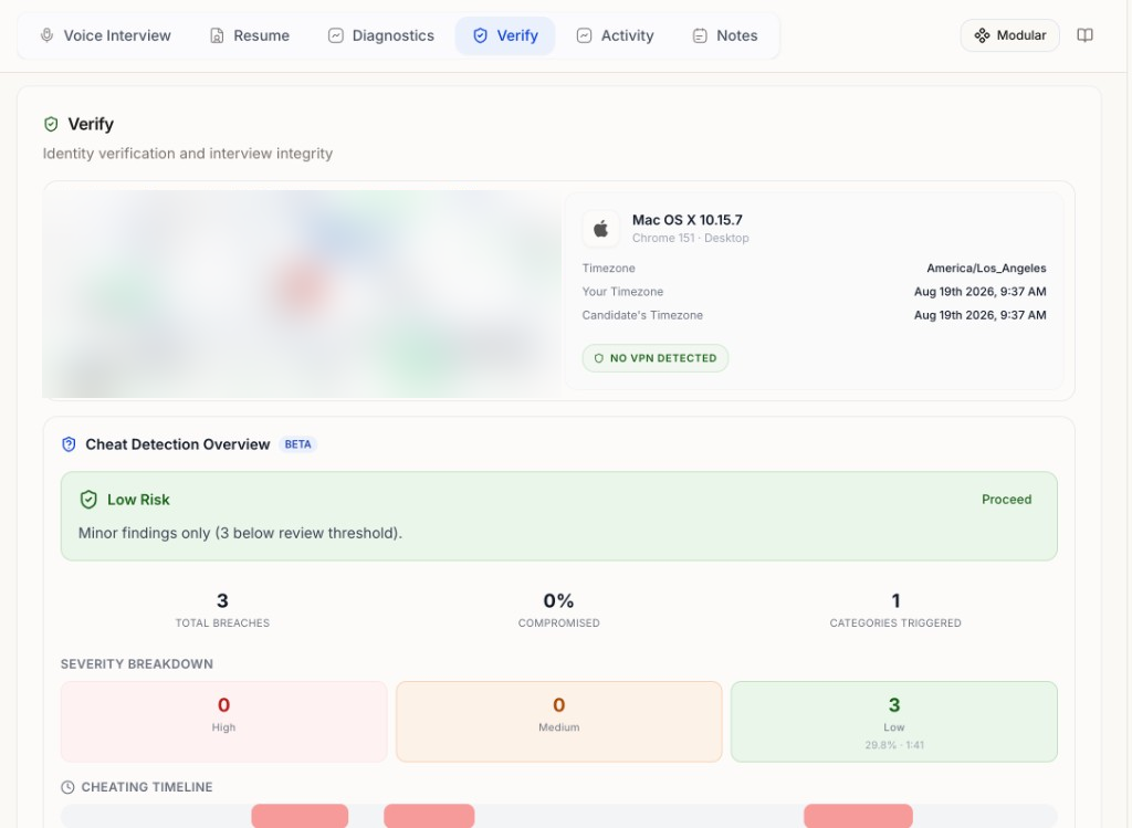 Verify tab showing device and timezone details, Cheat Detection Overview with risk level, breaches, severity breakdown, and cheating timeline