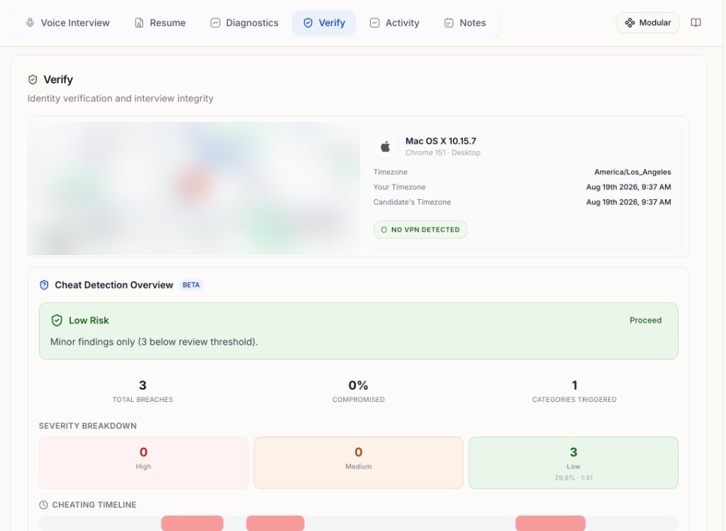 Verify tab showing device and timezone details, Cheat Detection Overview with risk level, breaches, severity breakdown, and cheating timeline