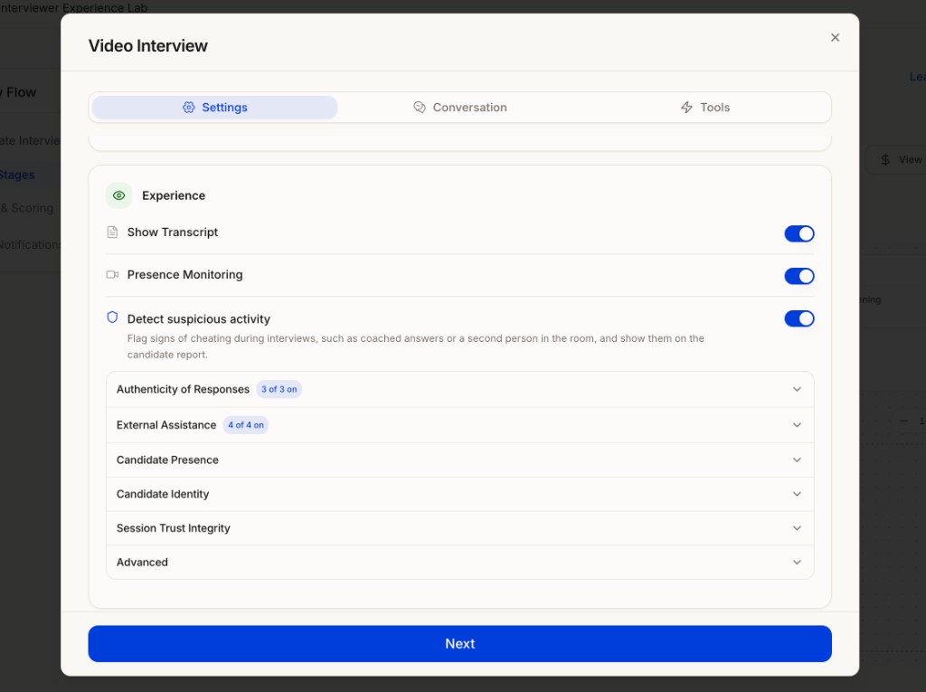 Video Interview settings showing Presence Monitoring and the full set of detection categories