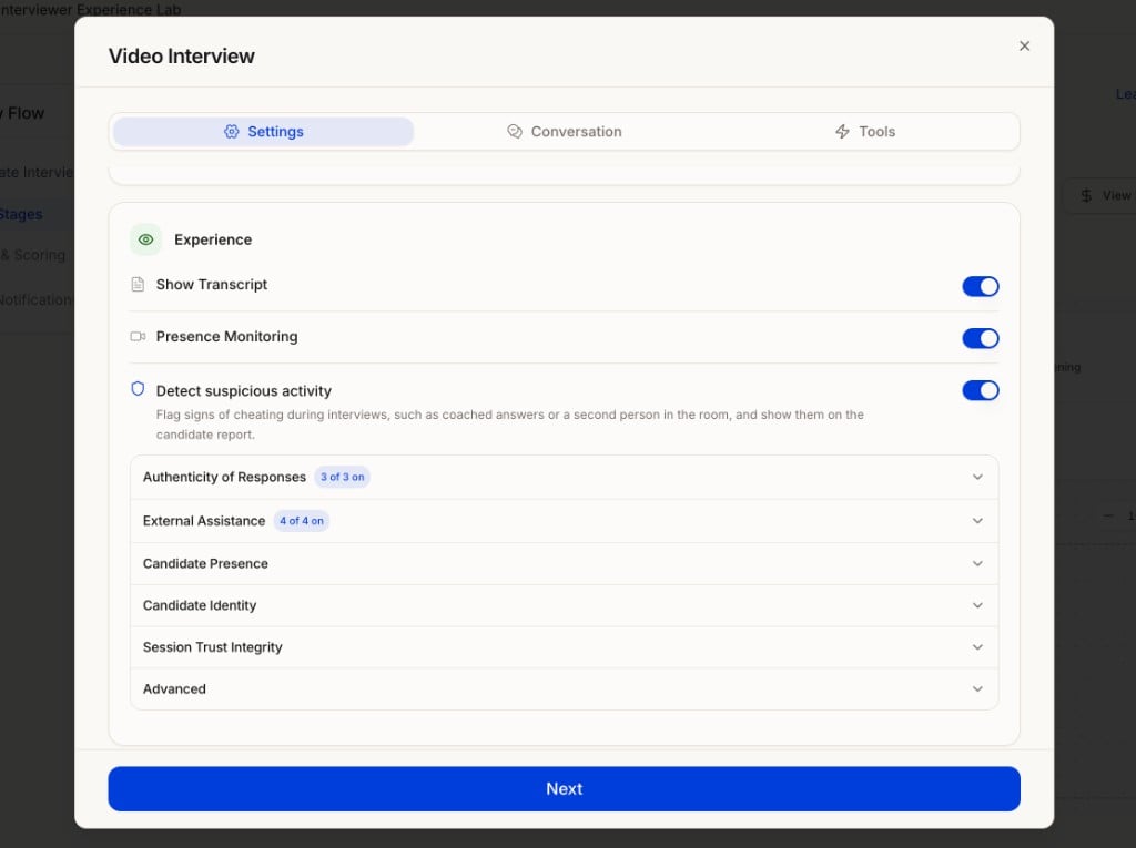 Video Interview settings showing Presence Monitoring and the full set of detection categories