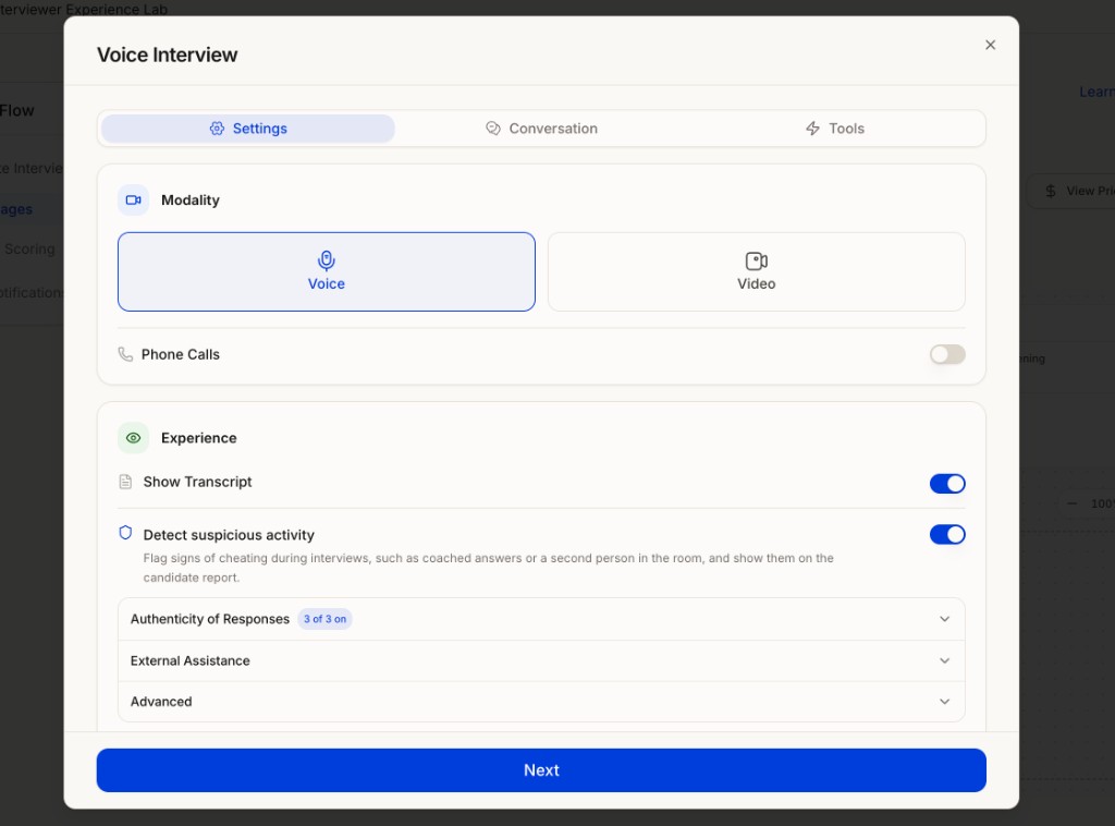 Voice Interview settings with Detect suspicious activity toggle and detection categories