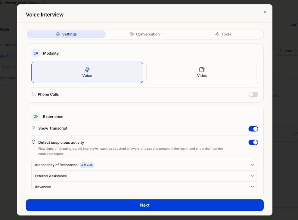 Voice Interview settings with Detect suspicious activity toggle and detection categories