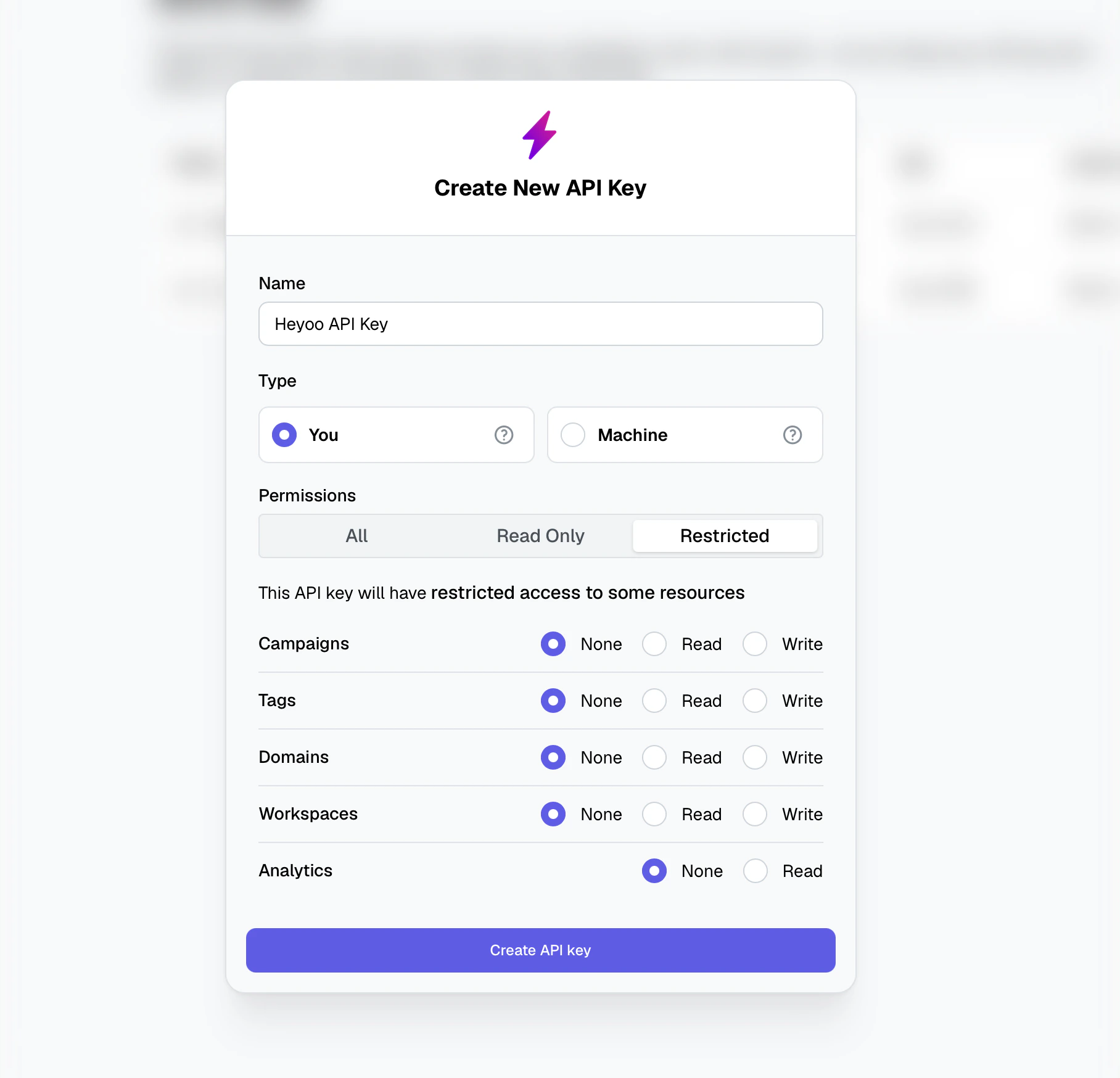 Add new API key on Heyoo