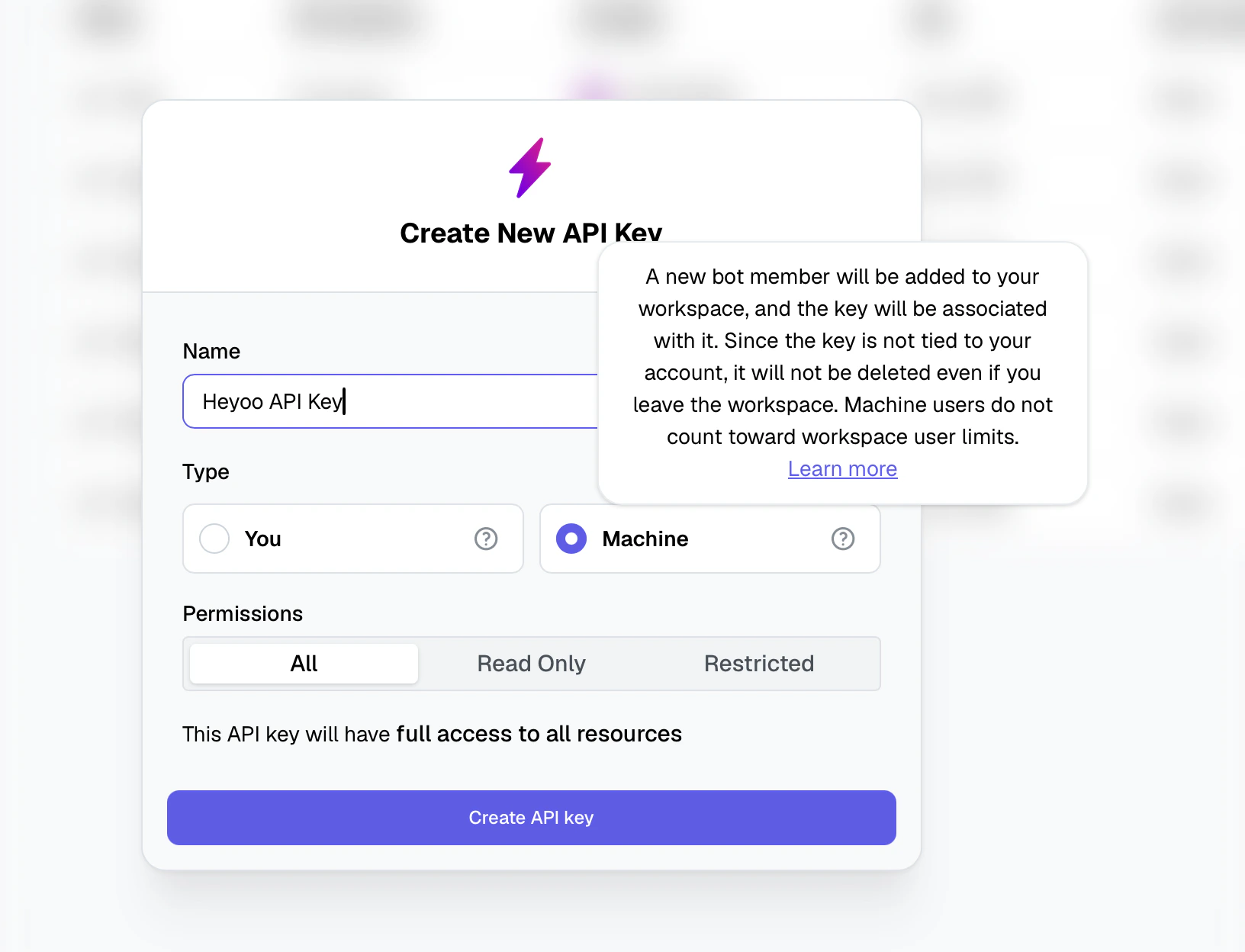 Creating an API key associated with a machine user on Heyoo