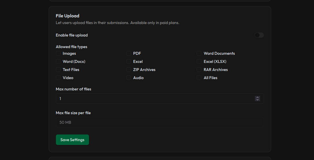 File upload settings in Heysheet