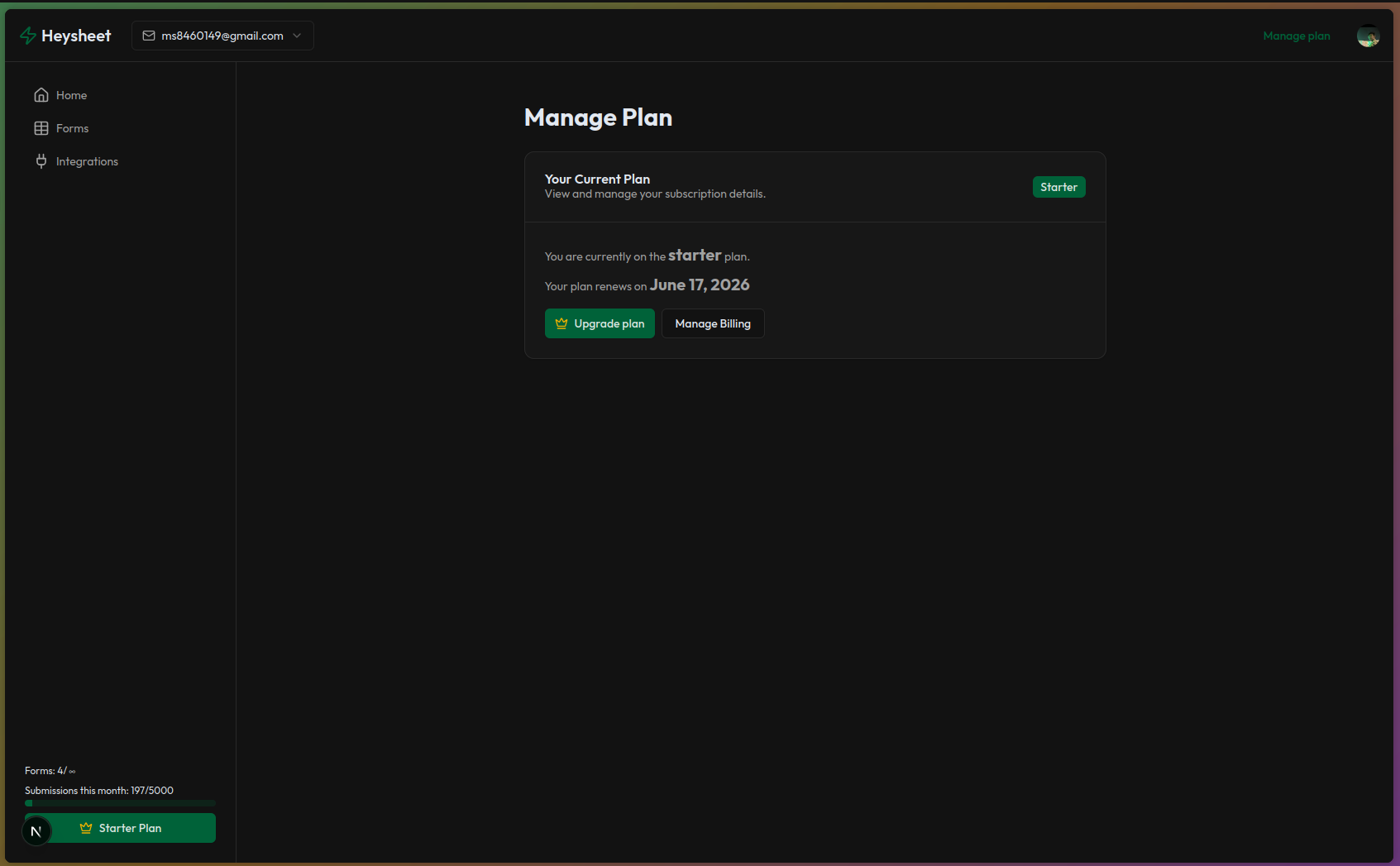 Manage Plan button in Heysheet dashboard