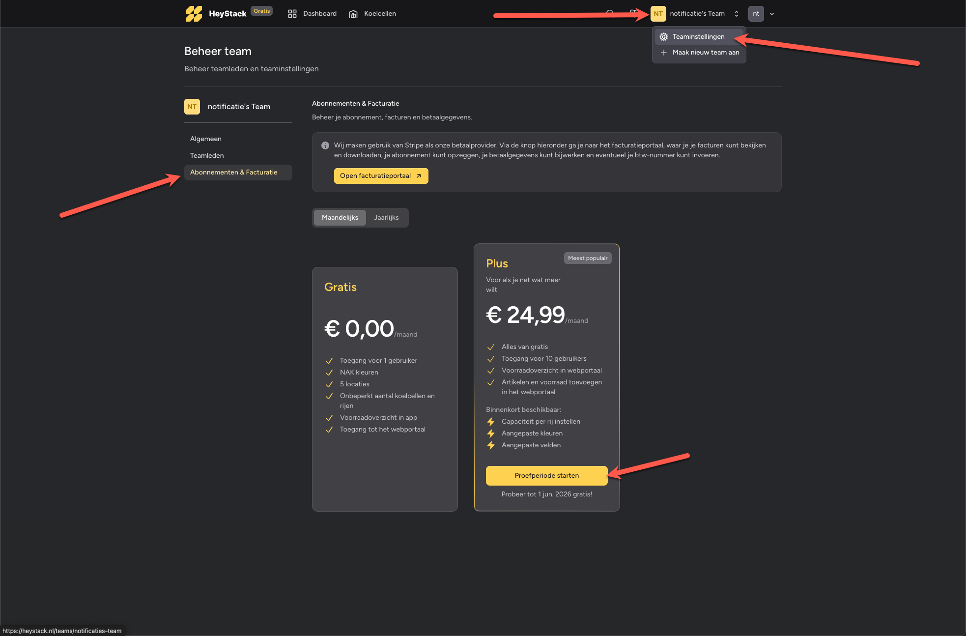 Screenshot van de Abonnementen & Facturatie pagina met de Proefperiode starten knop