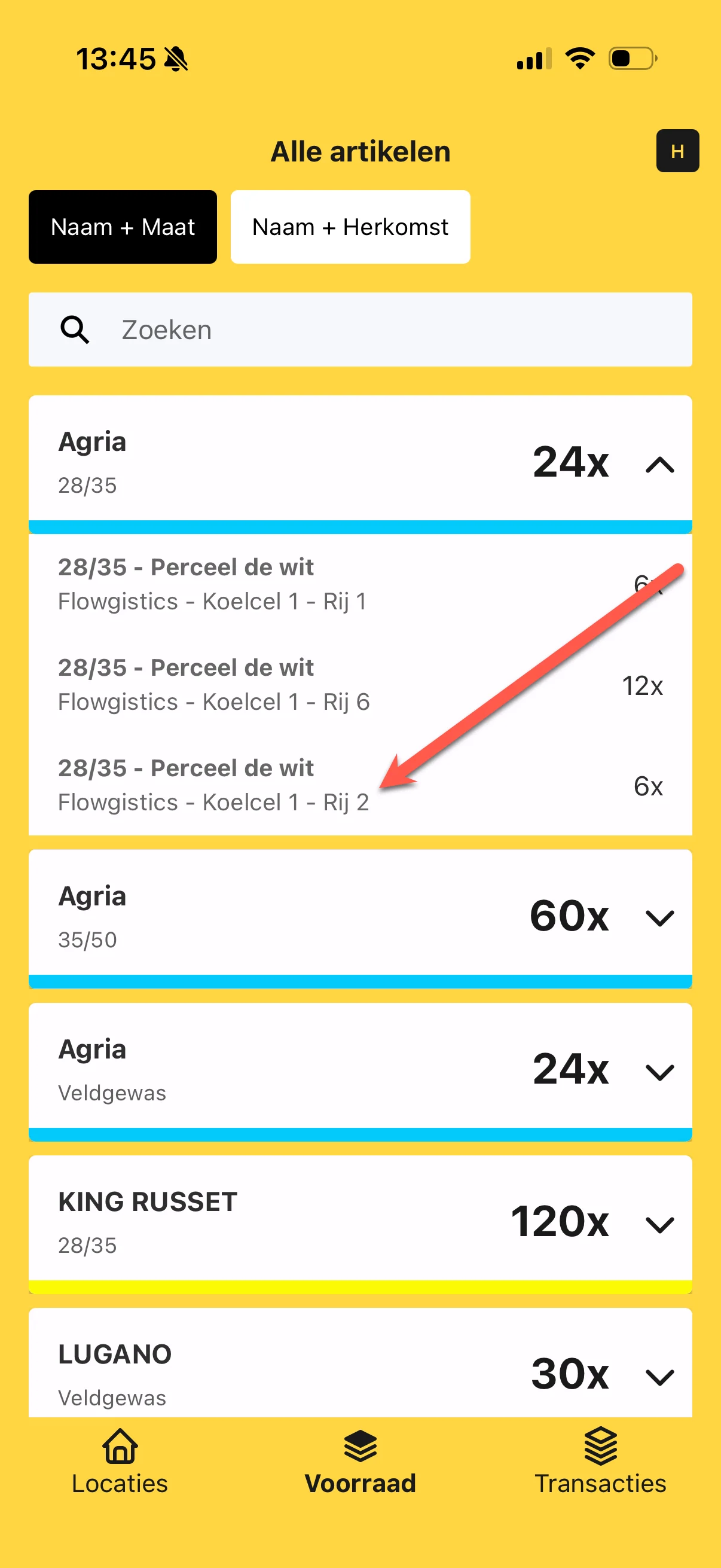 Open in de app een artikel in Voorraad en tik op de juiste voorraadregel